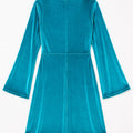WomenÃ¢â‚¬â„¢s teal velvet wrap dress with 3/4 bell sleeves and fitted yoke seam panel