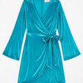 WomenÃ¢â‚¬â„¢s teal velvet wrap dress with V-neck, tie waist, and 3/4 bell sleeves