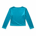 Women's teal velvet long-sleeve blouse with crew back neckline