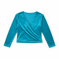 Women's teal velvet wrap blouse with V-neck crossover front, long sleeves