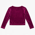 Prune velvet wrap blouse with long sleeves and gathered back yoke