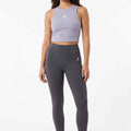 Sky blue ribbed racerback tank top for women, front view with small logo