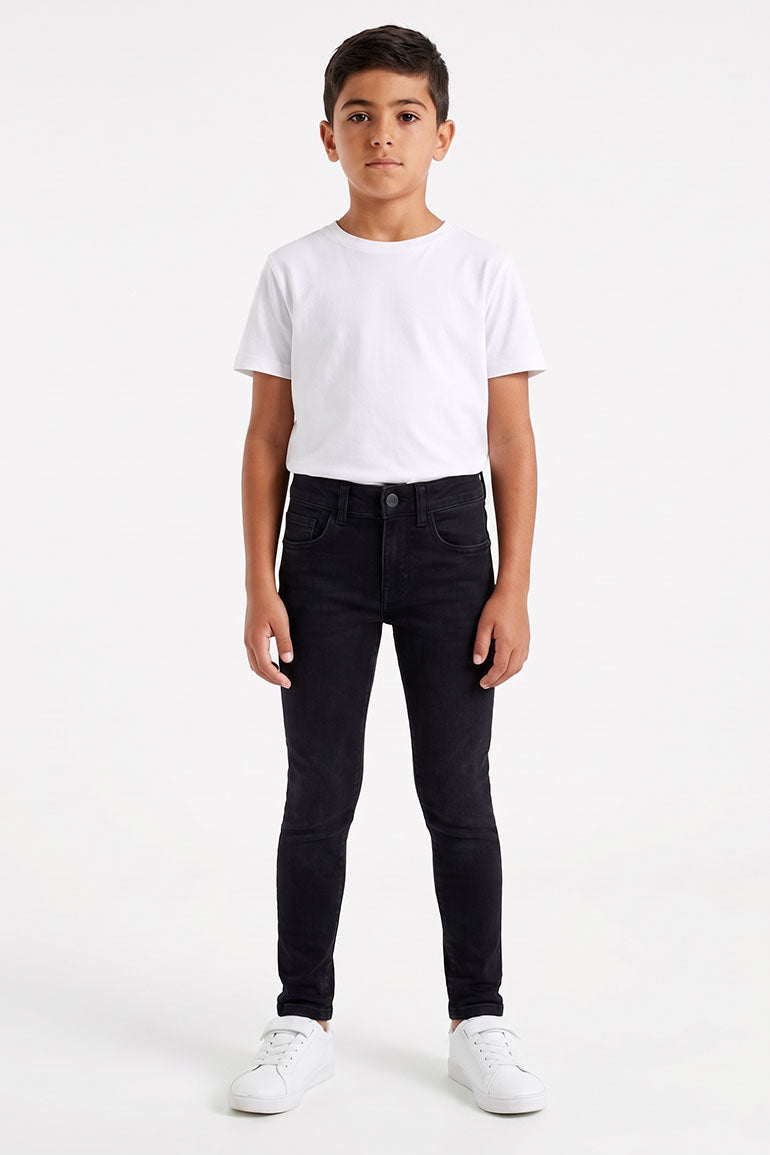 Boys' slim fit black denim jeans, front view with button, zipper and front pockets