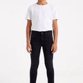 Boys' slim fit black denim jeans, front view with button, zipper and front pockets