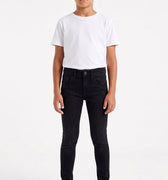 Boys' slim fit black denim jeans, front view with button, zipper and front pockets