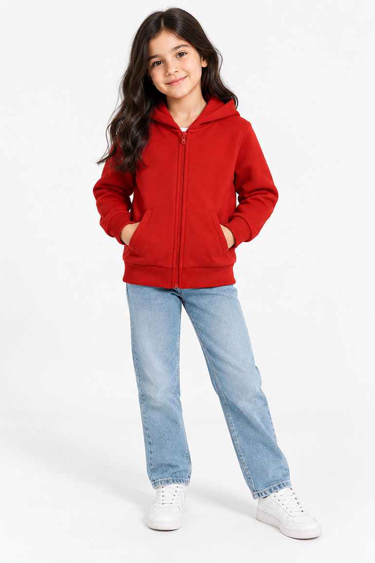 Girls red zip-up hoodie with hood and front zipper, front view
