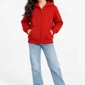 Girls red zip-up hoodie with hood and front zipper, front view