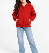 Girls red zip-up hoodie with hood and front zipper, front view