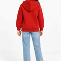 Girls red zip-up hoodie with hood, back view, ribbed hem