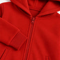 Girls red zip-up hoodie close-up: hood, center zipper, ribbed cuffs