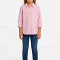 Girls solid pink shirt with button front and collar, rolled sleeves