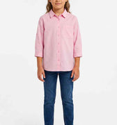 Girls solid pink shirt with button front and collar, rolled sleeves