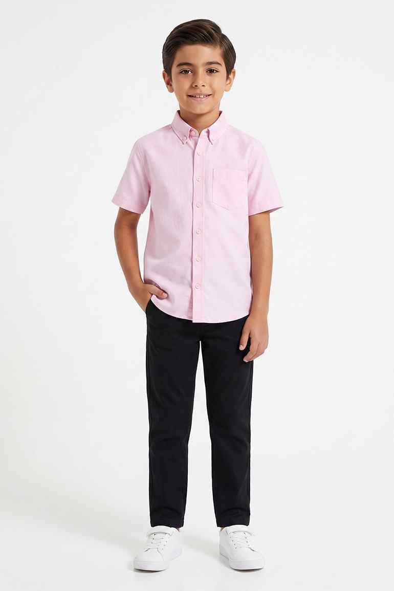 Boys' casual button-down shirt, pink short-sleeve with button front and collar