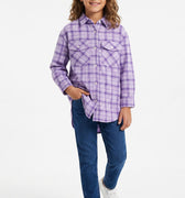 Girls light purple checkered shirt with chest pockets and button front