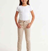 Beige girls slim pants front view with button fly and front pockets