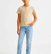 Beige ribbed girls top with short sleeves and buttoned henley neckline
