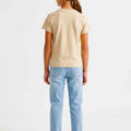 Beige ribbed girls top, back view with button detail at neckline