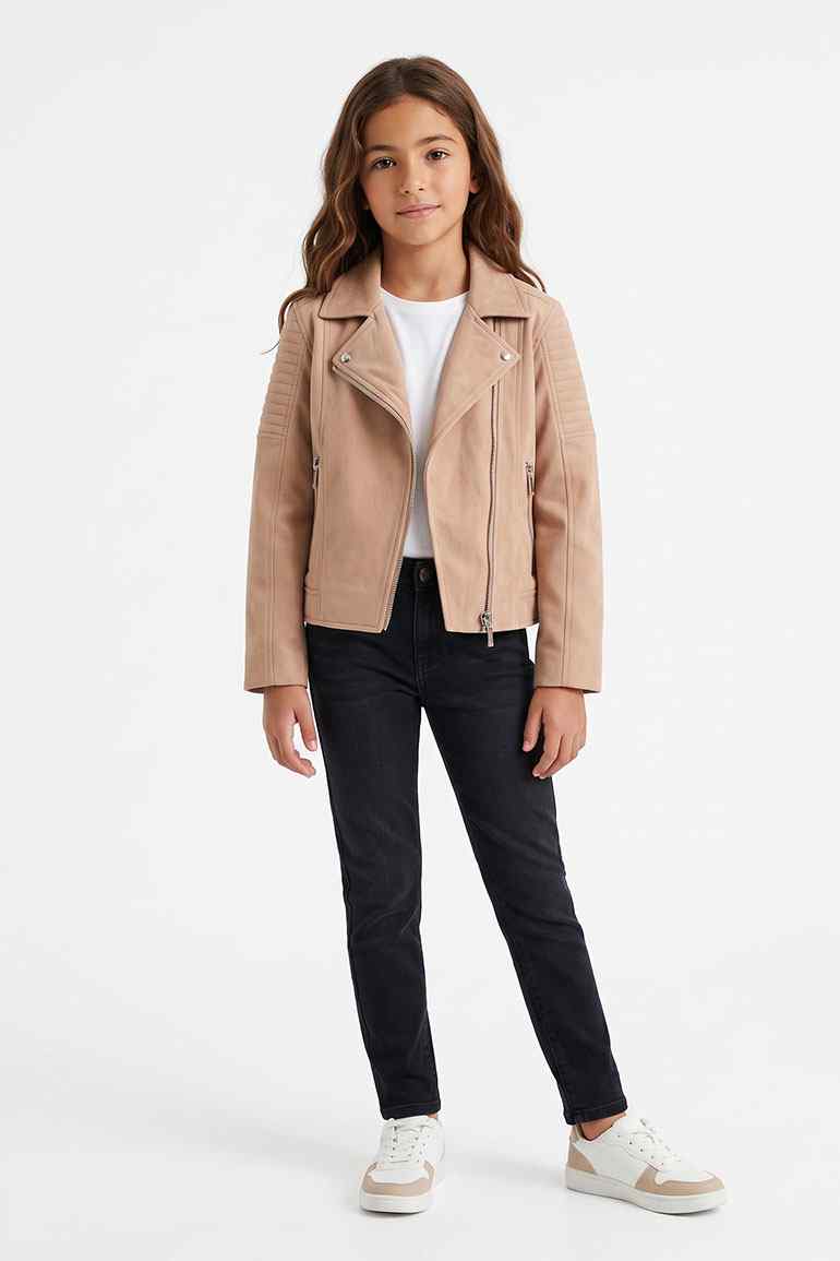 SUEDE LEATHER JACKET FOR GIRLS - BEIGE