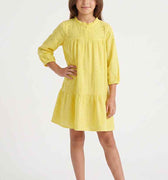 Yellow girls' dress, gathered front yoke with long puff sleeves and tiered skirt