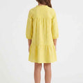 Yellow girls' dress, tiered back with gathered yoke and long puff sleeves
