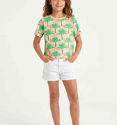 Girls' cropped graphic T-shirt, front view, light beige with green palm print, crew neck
