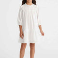 White girls' cotton dress with ruffled yoke, pintuck texture, three-quarter sleeves