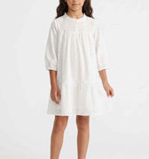 White girls' cotton dress with ruffled yoke, pintuck texture, three-quarter sleeves