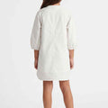 Girls white solid shirt dress back view, full sleeves with elastic cuffs, above-knee hem