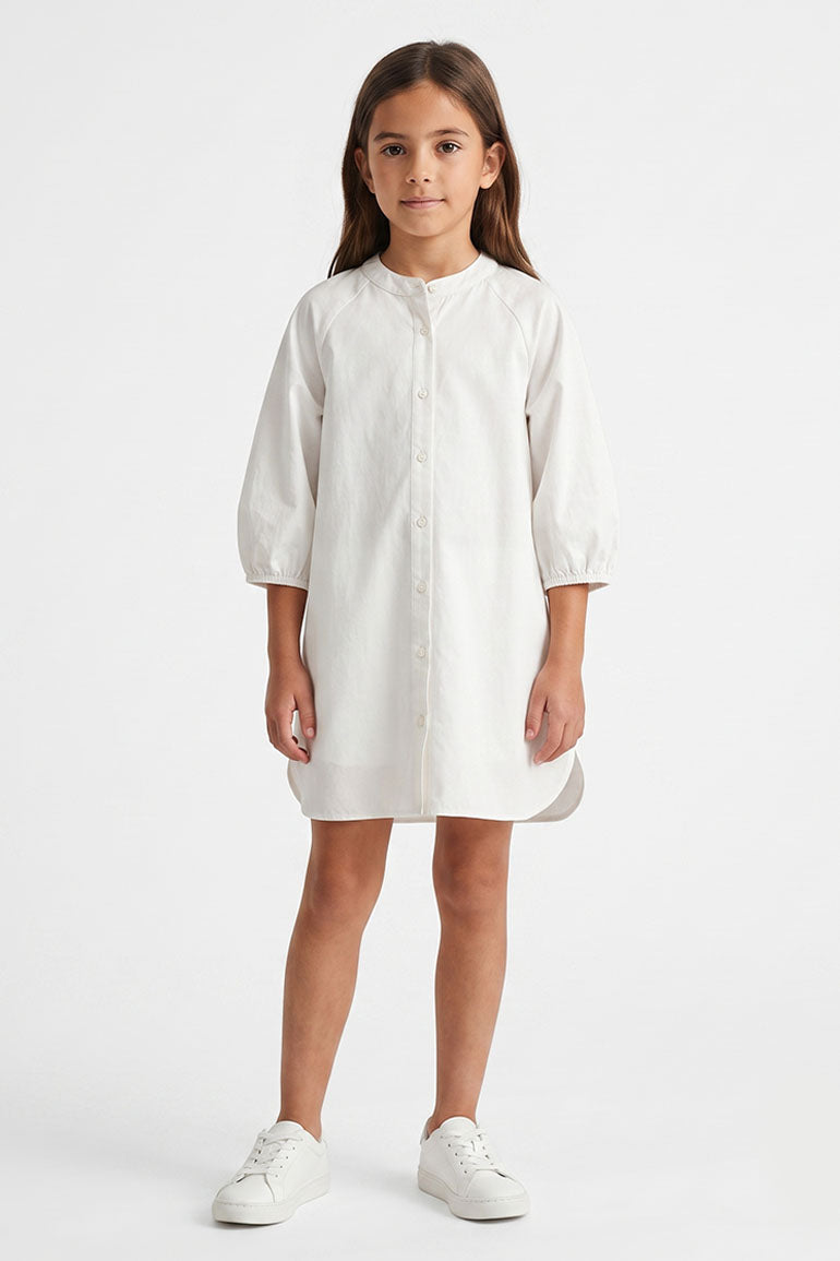 Girls white solid shirt dress with button placket, long puff sleeves, knee length