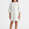 Girls white solid shirt dress with button placket, long puff sleeves, knee length