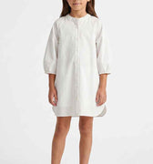 Girls white solid shirt dress with button placket, long puff sleeves, knee length