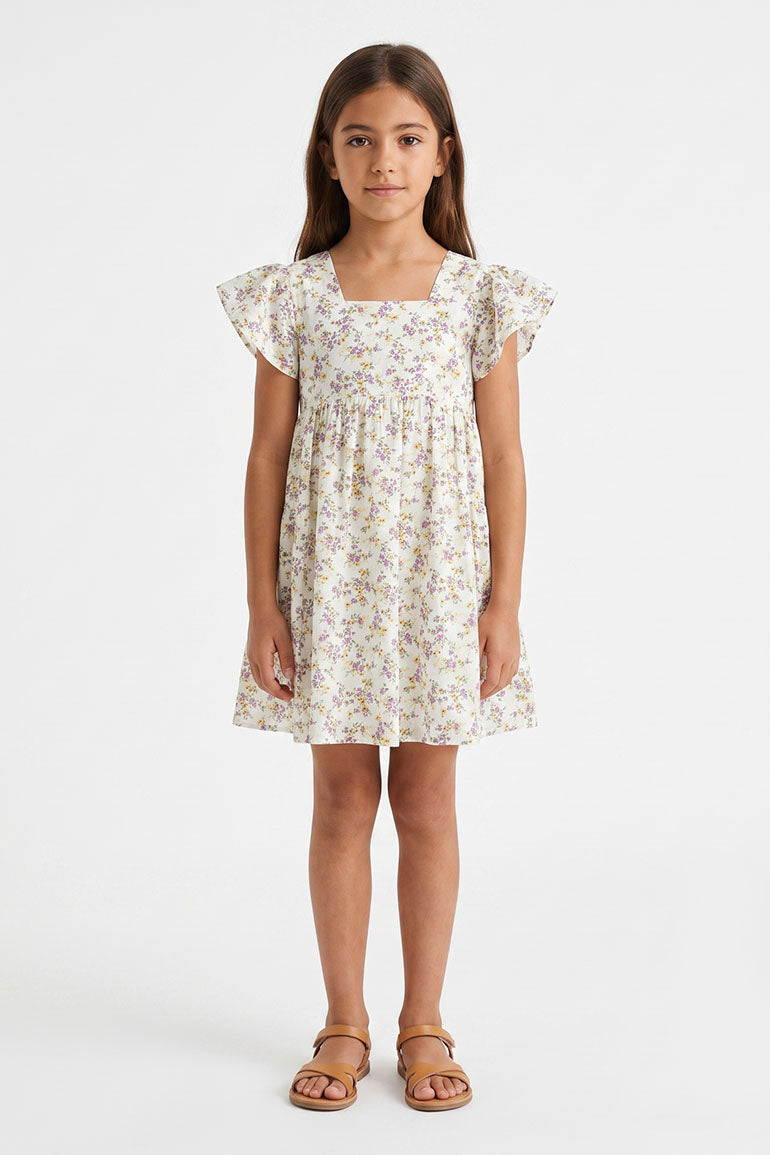 Girls all-over print dress, square neckline, short flutter sleeves