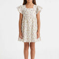 Girls all-over print dress, square neckline, short flutter sleeves