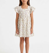 Girls all-over print dress, square neckline, short flutter sleeves