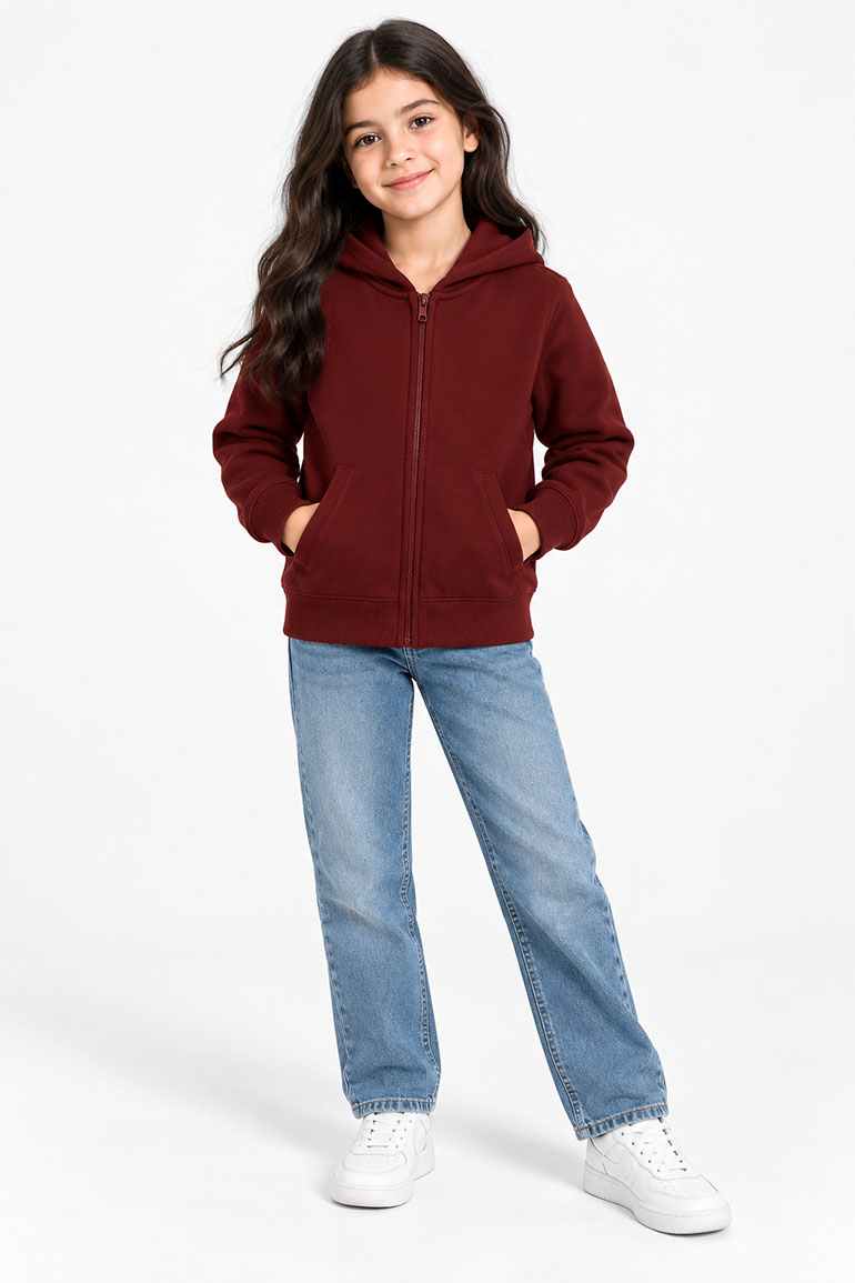 Girls zip-up hoodie in rose wine, full front view with hood and kangaroo pocket