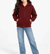 Girls zip-up hoodie in rose wine, full front view with hood and kangaroo pocket