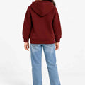 Girls zip-up hoodie in rose wine, back view with hood and ribbed hem