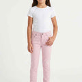 Girls light pink slim pants, front view with button fly and front pockets