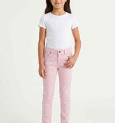 Girls light pink slim pants, front view with button fly and front pockets