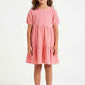 Rose pink girls tiered short-sleeve dress with round neckline