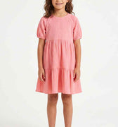 Rose pink girls tiered short-sleeve dress with round neckline