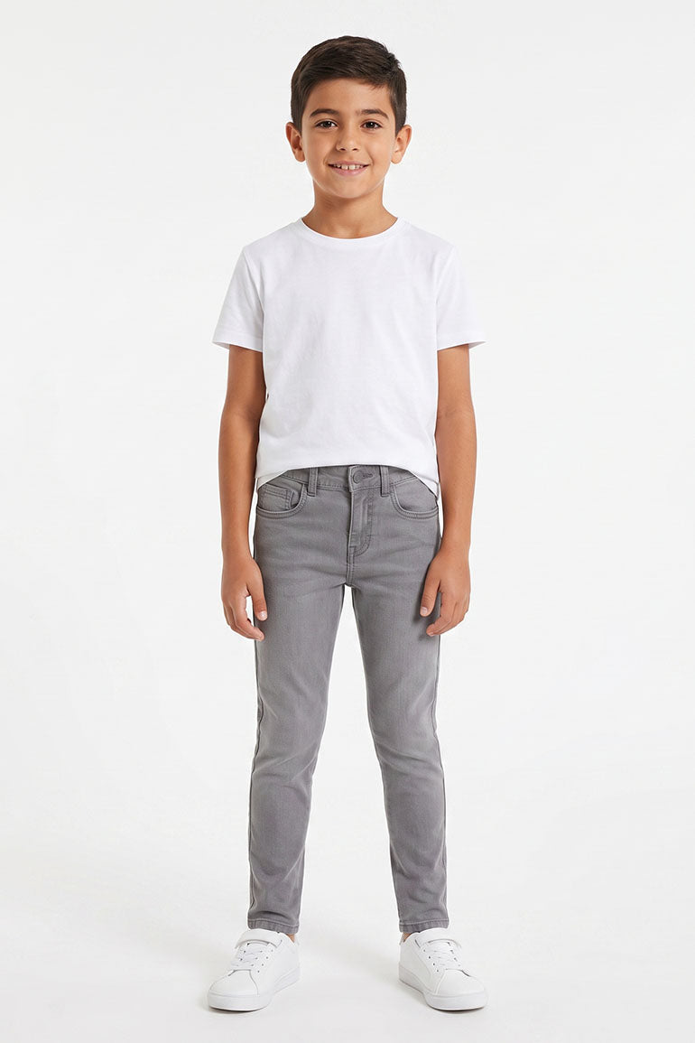Light grey skinny denim jeans for boys with button and zip fly, belt loops