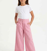Girls mauve wide-leg trousers with front button, zipper and belt loops
