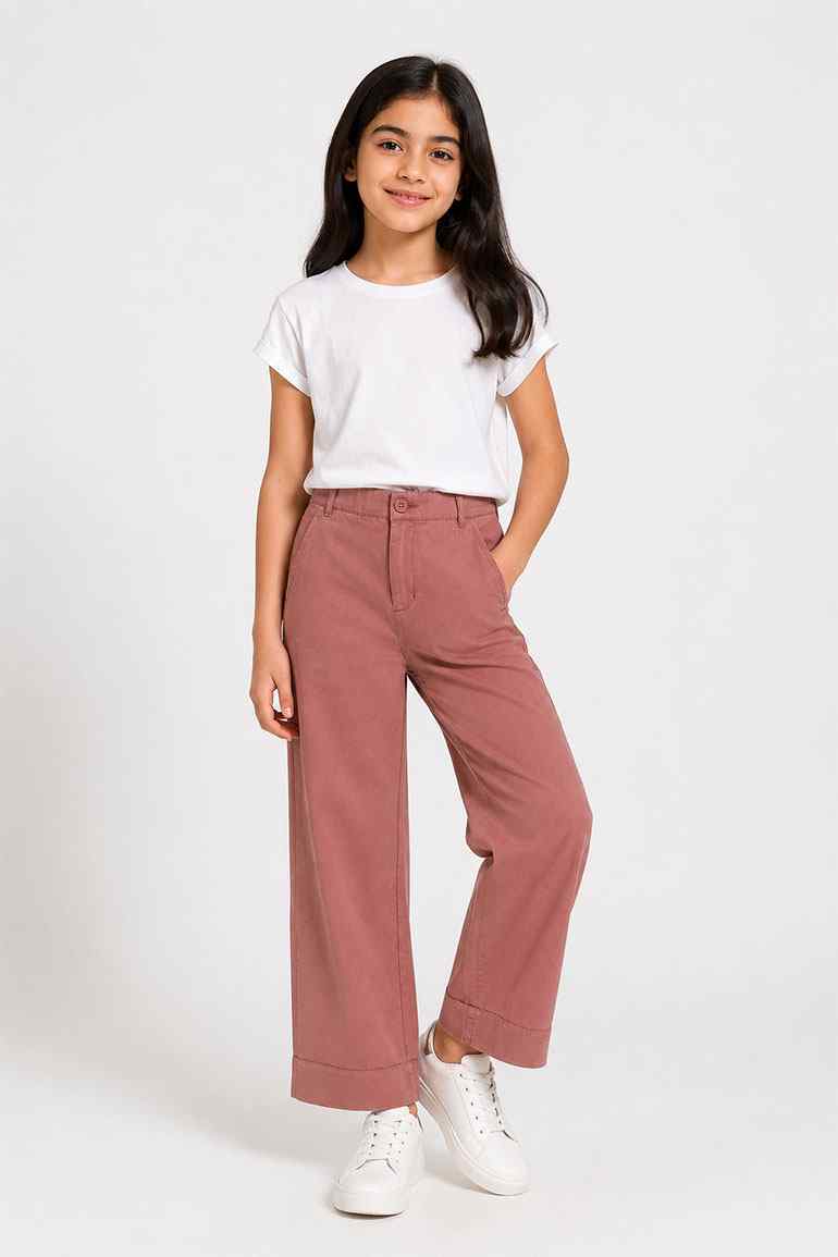 Girls wide-leg trousers, rust red, front button placket and side pockets