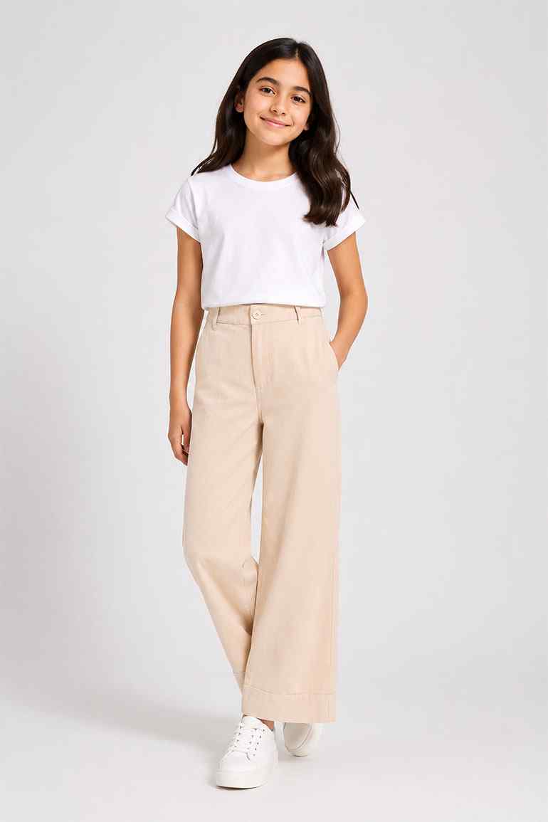 Girls wide-leg trousers in light beige, elastic waistband, front view
