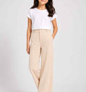 Girls wide-leg trousers in light beige, elastic waistband, front view