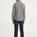 Boys' black-and-white checkered button-down shirt, back view with long sleeves