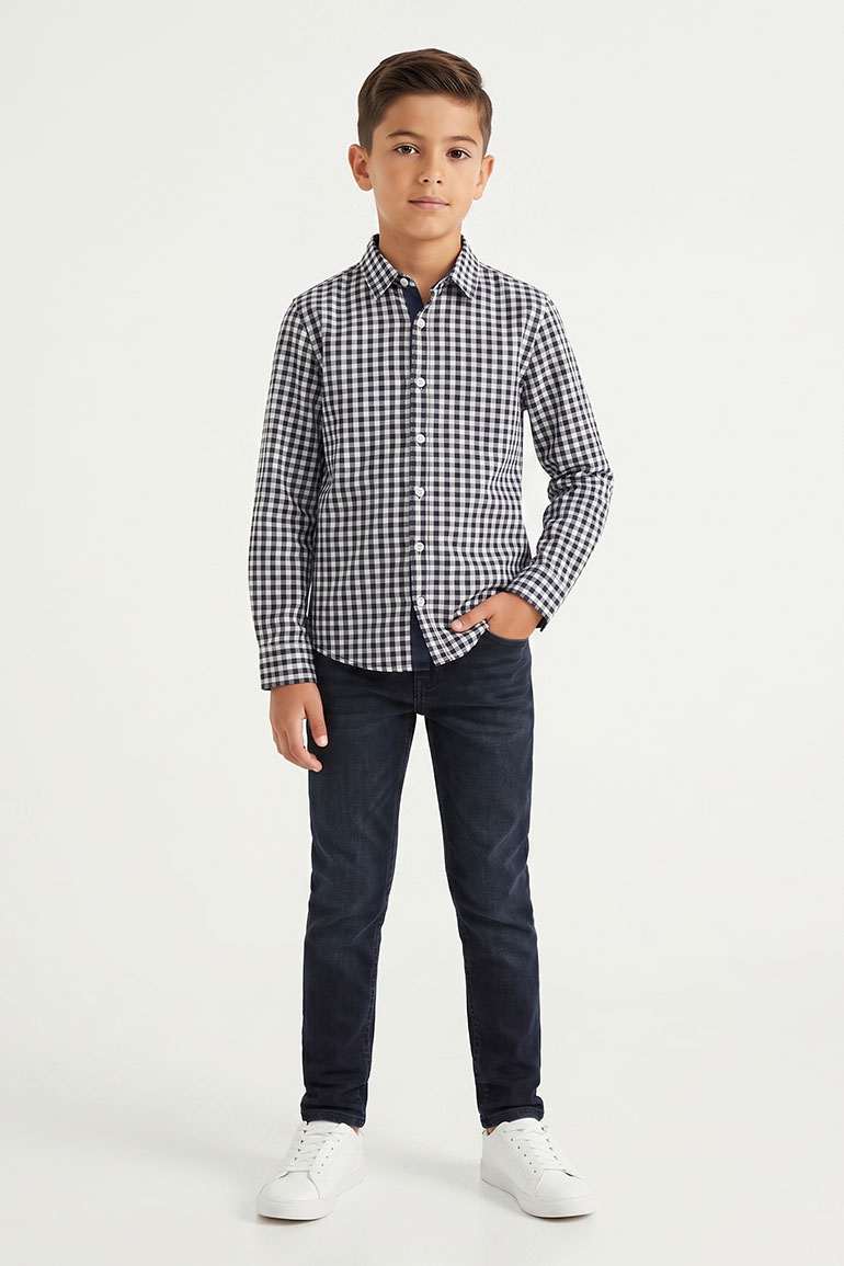 Boys' black-and-white checkered button-down shirt, long sleeves with button front