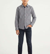 Boys' black-and-white checkered button-down shirt, long sleeves with button front