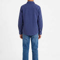 Boys' blue check button-down shirt, back view with collar and button cuffs